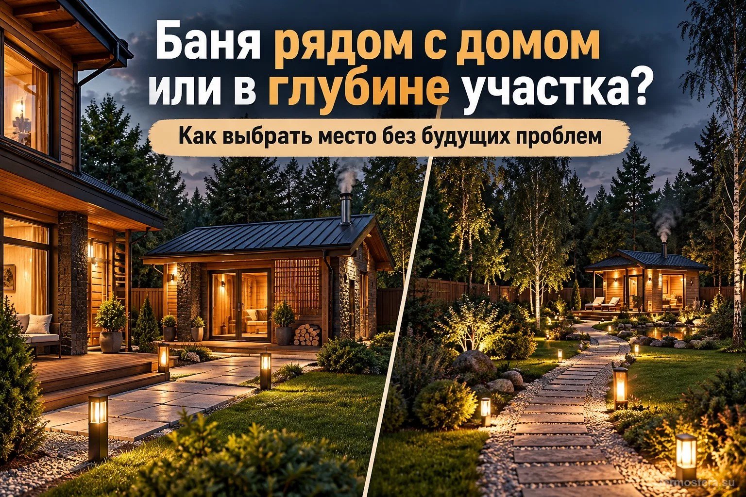 Баня рядом с домом или в глубине участка: слева баня в нескольких шагах от террасы дома, справа — в конце освещённой садовой дорожки у пруда