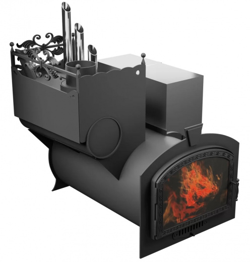 Печь Горыныч 3, каменка закрытая с парогенератором с левой стороны, большая дверь со стеклом фото в Краснодаре