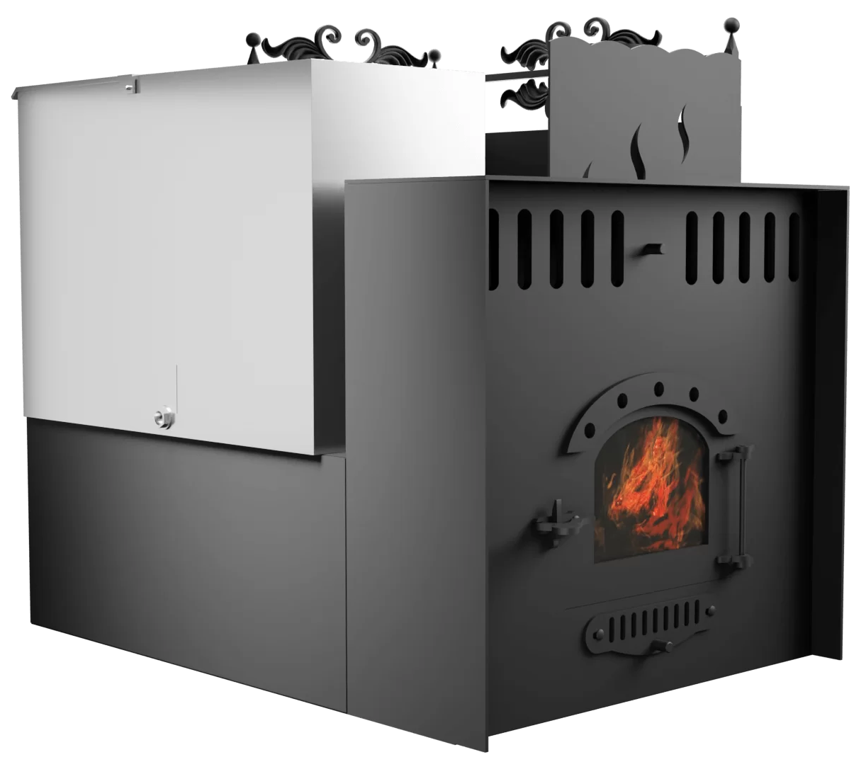 Печь Горыныч 3, каменка с правой стороны, малая дверь со стеклом, система воздушного отопления с порталом фото в Краснодаре Печь Горыныч 3, каменка с правой стороны, малая дверь со стеклом, система воздушного отопления с порталом фото в Краснодаре