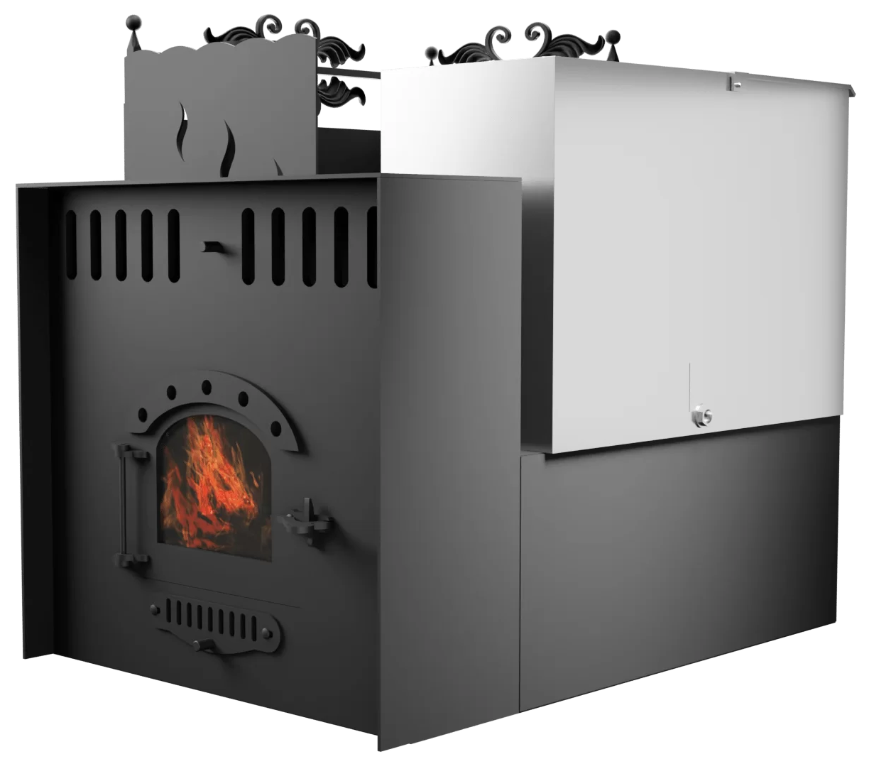 Печь Горыныч 3, каменка с левой стороны, малая дверь со стеклом, система воздушного отопления с порталом фото в Краснодаре Печь Горыныч 3, каменка с левой стороны, малая дверь со стеклом, система воздушного отопления с порталом фото в Краснодаре